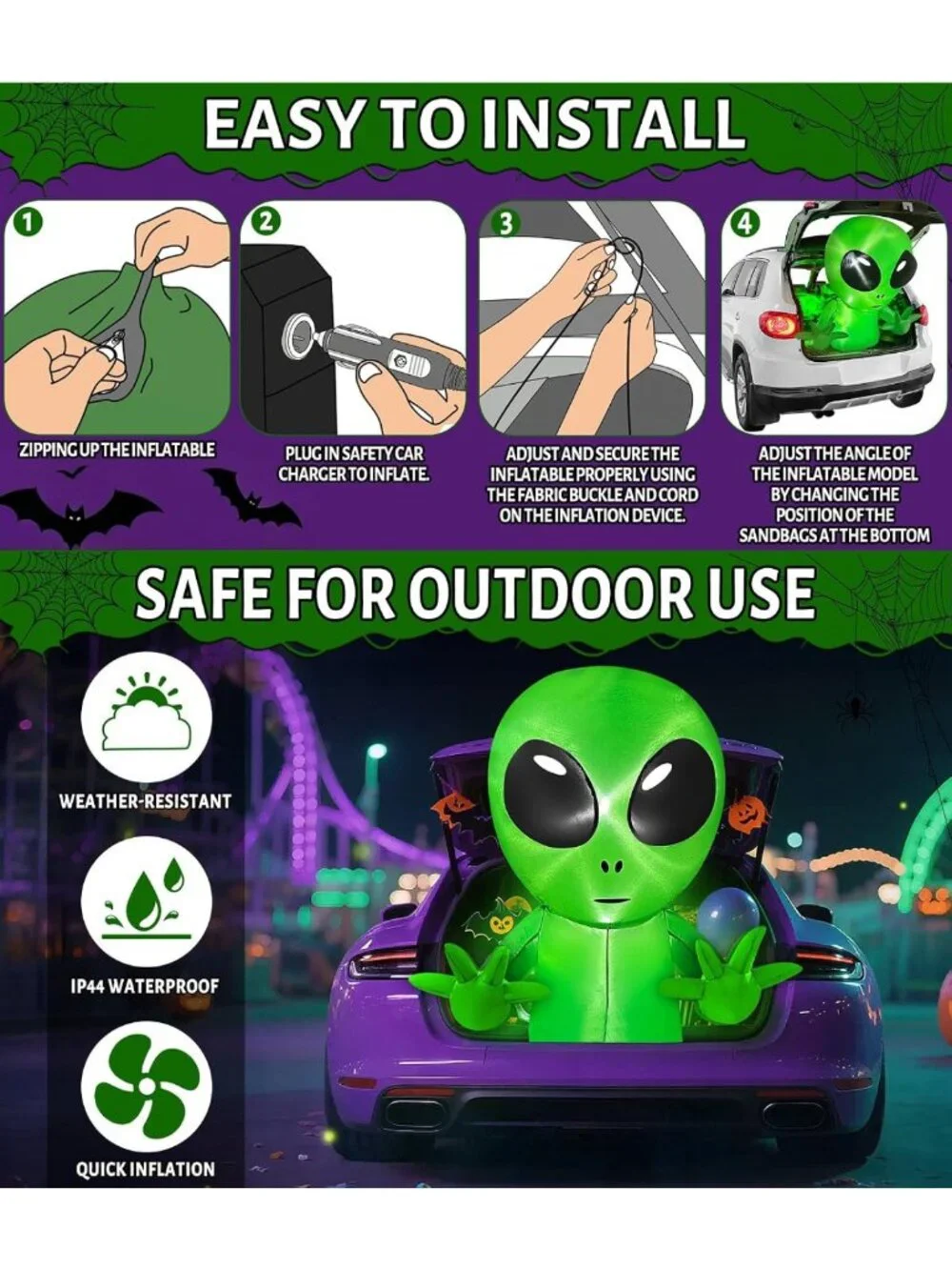 3 Ft Inflatable Alien Halloween Decoration with LEDs for Trunk or Treat & Yard
